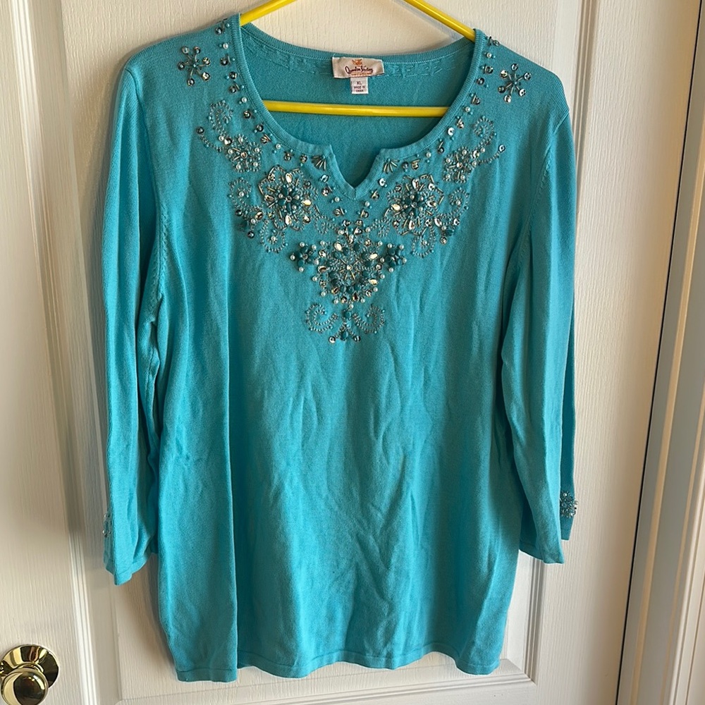 Quaker Factory Embellished Teal Long-Sleeve Women's Top
